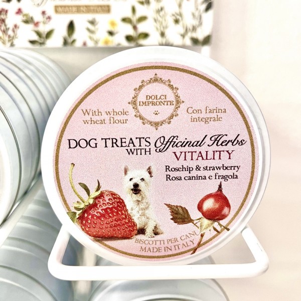 Dolci Impronte - VITALITY Dog Treats Erbe Officinali - Confezione 12 Scatole latta 36gr - Rosa canina e fragola