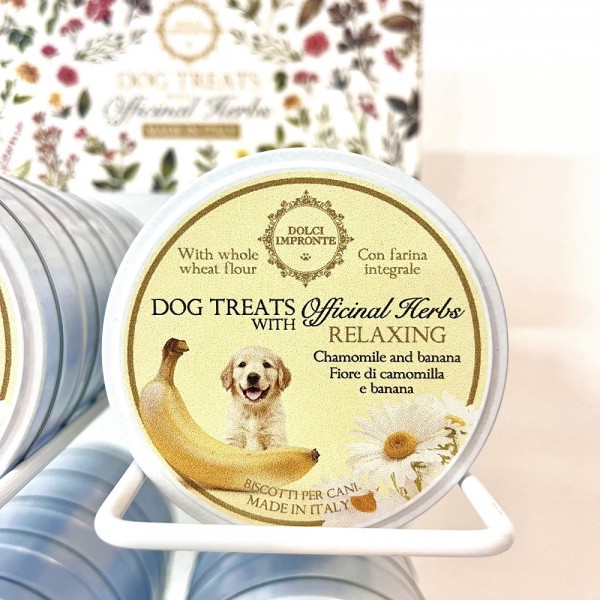 Dolci Impronte - RELAXING Dog Treats Erbe Officinali - Confezione 12 Scatole latta 36gr -fiori di camomilla e banana